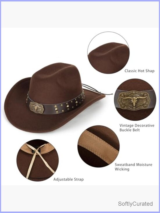 Classic Western Felt Roll Up Brim Cowboy Hat Adjustable main image 5